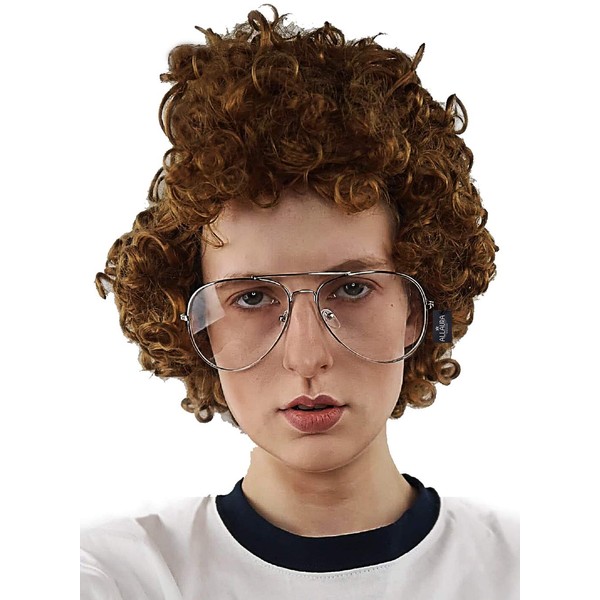 ALLAURA Pedro Brown Afro Nerd Wig + Glasses Costume Set Geek Costume Wigs For Mens Adult Halloween Party 80s