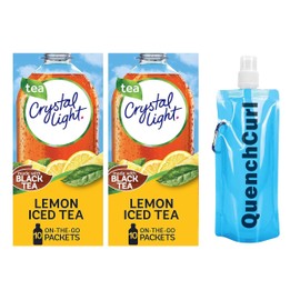Crystal-Light On The Go Drink Mix - Two (2) Pack of 10pck/0.13oz Pouches - Sugar-Free, Low-Calorie Refreshment Anytime, Anywhere and QuenchCurl Collapsible Bottle by CureCor! (Lemon Iced Tea)