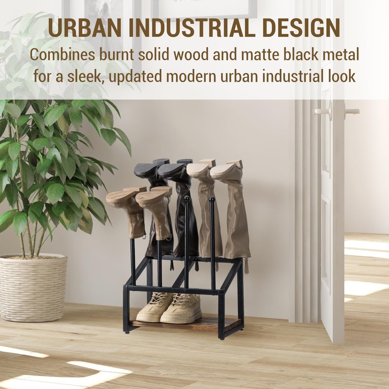 MyGift Industrial Metal & Burnt Wood 4-Pair Boot Rack with