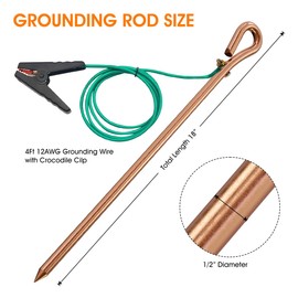 Portable Grounding Rod with 4ft 12AWG UL Listed Grounding Wire with Crocodile Clip,Great for Electric Fences,Antennas,Generator,Ground Post Pin (Grounding rod with 2Pcs 4ft ground wire)