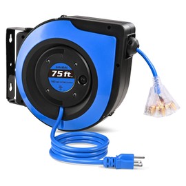 SURAIELEC Retractable Extension Cord Reel, 75 FT 14 AWG/3C SJTOW Power Cord, 3 Outlets Triple Tap, 10 AMP Circuit Breaker, Ceiling/Wall Mount, UL Listed