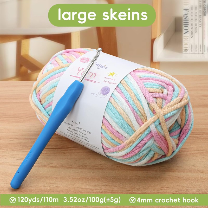 100gx2 Chunky Cotton Crochet Yarn with 4mm Hook, Soft Non-Split