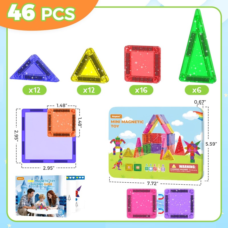 Anyeve 46PCS Glitter Mini Magnetic Tiles Travel Set with Storage