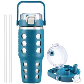 MUKOKO 32 oz Glass Tumbler with Straw,Glass Water Bottles with Time Marker,Iced Coffee Cup with Silicone Sleeve,Motivational Drinking Bottles,Leakproof-Steel Blue