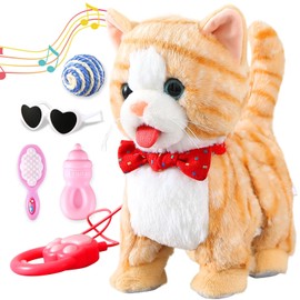 Pattern Yellow Leash Walking Cat Set Interactive Talking Cat Singing Dancing Kitten Mimicking Repeat What You Say Kitty Touch and Voice Control Nodding Wagging Tail Plush Electric Kitty for Kid Girl