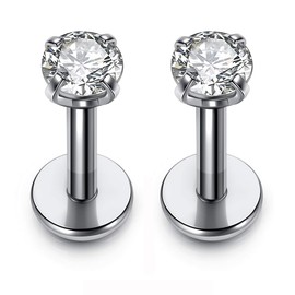 PiercingJ 2-4pcs 16g 316L Stainless Steel 3mm Cubic Zirconia Labret Monroe Lip Ring/Tragus/Helix Earring,6-12mm Bar Length