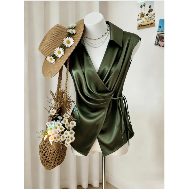 Women's Satin Wrap Blouse Dark Green Collared Sleeveless Tie Waist