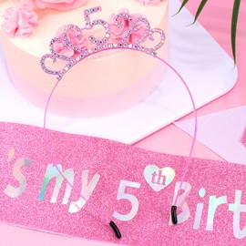 Vovii Birthday Girl Headband with Rhinestone & Sash Set for 5th Birthday Decorations for Girls, Princess Crown Headband for 5 Year Old Girl Outfit Gift Dress