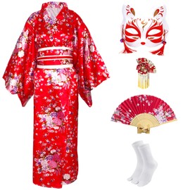 CRFASIBE Women's Long Kimono Robe, Japanese Sakura Print Kimono Dressing Gowns, Japanese Cosplay Dress Costume Set with Accessories, Pack of 5, red, Unit size