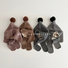 Kids' All-in-One Knitted Balaclava Hat & Scarf with Pointed Ears lf2389 One Size / Striped Black 3ea