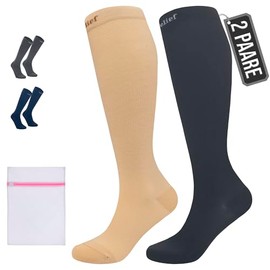 360 Relief Kompressionsstr√ºmpfe Damen und Herren - 2 Paare Kompressionssocken Einfarbig f√ºr Sport, Laufen, Flug, Reise, Joggen, Radsport, Kniestr√ºmpfe, XXL Beige&Schwarz mit W√§schenetz