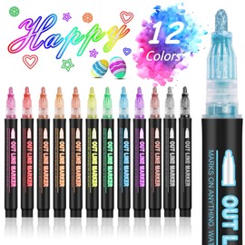 Outline Markers Self-outline Metallic Markers, 12 Colors Double Line Outline Markers, Super Squiggles Shimmer Outline Glitter Pen Set for Christmas Greeting Card, Kid Drawing, Doodling,DIY Art Crafts