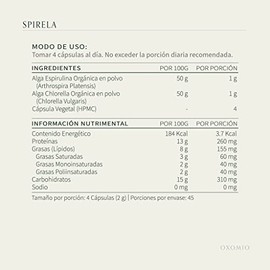 Spirela de OXOMIO - Mezcla perfectamente equilibrada de Espirulina y Chlorella orgánicas, Versión Eco Refill 180 caps.
