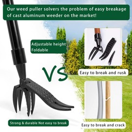 Weed Puller Tool, Stand-up Weeder with 3 Steel Headl(4-Claw) with Stainless Handle Adjustable(1-1.3m) and Gardening Glove,Easily Remove Weeds Without Bending,Pulling,or Kneeling for Lawn and Garden