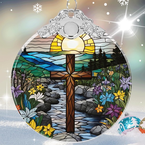 Cross Stained Glass Religious Christmas Ornament, Hanging Ornaments for Christmas
