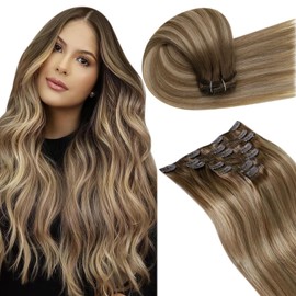 LaaVoo Real Hair Clip-In Extensions, Balayage Brown Extensions, Real Hair Clip, Double Wefts, 55 cm, Full Head, 7 Pieces, #8/16/8, Light Brown, Ombre, Golden Blonde, 105 g