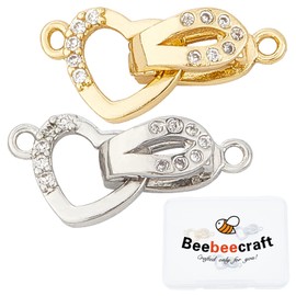 Beebeecraft 4 Sets 18K Gold Plated Brass Micro Pave Cubic Zirconia Fold Over Clasps Platinum Plated Rhinestone Foldover Extension Clasp Heart Oval Extenders for DIY Necklace Bracelet Jewelry Making