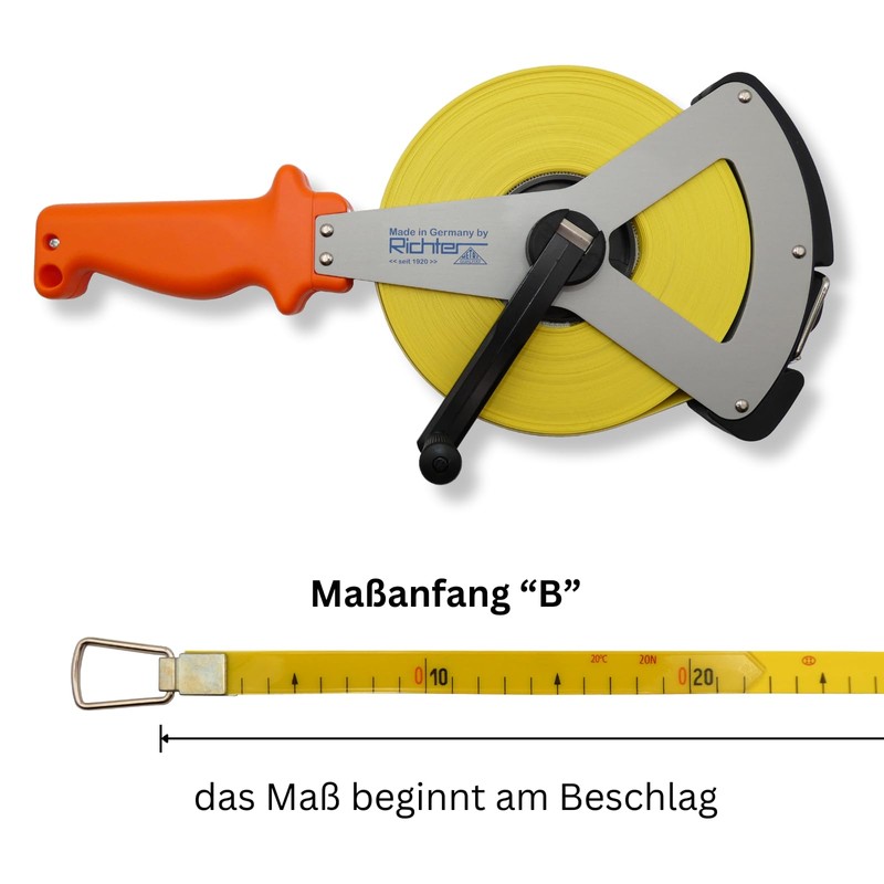 Richter fibreglass tape measure, 16 mm wide with V-light metal