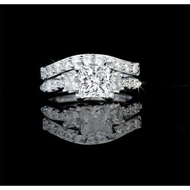 Venetia Top Grade Realistic Princess Cut Simulated Diamond 3-Stones Ring Curved Band 2 Pcs Set Platinum Plated 925 Silver Cubic Zirconia cz (6)