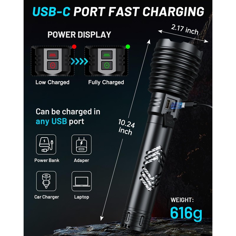 Amzyigou Powerful Flashlights 600000 High Lumens, 10000mAh Battery | 6