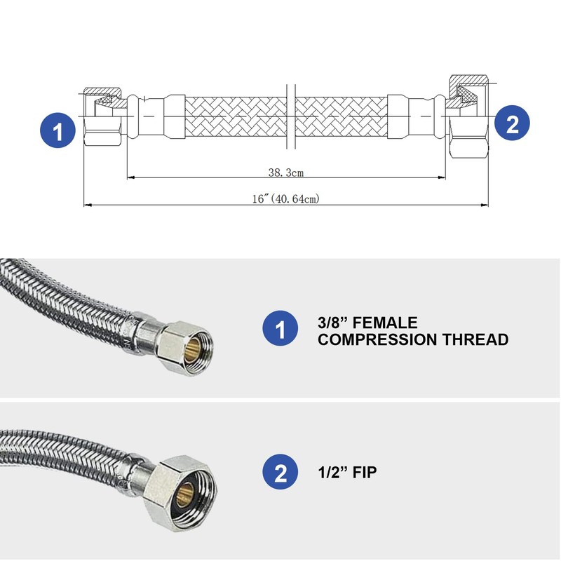 WMAXPFIT(2 Pack) 16 Inch Faucet Water Supply Line 3/8 Inch