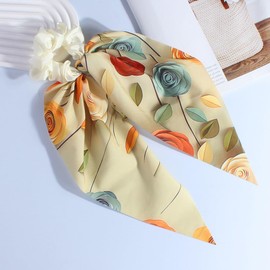 Girlssory Hair Scarf Hair Scrunchies with Ribbon Chiffon Floral Hair Scarves Boho Elastic Floral Bow Ponytail Vintage Accessories for Women (Yellow)