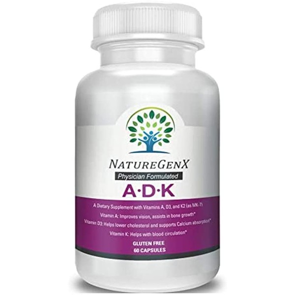 NatureGenx - Vitamin ADK - Dr Formulated, Bioavailable - Vitamins A 5,000 iu D3 5,000 iu K2 (as MK-7) 500mcg - Support Bone, Heart, and Immune System Supplement Non-GMO No Soy 60 V-Cap 2 Months Supply