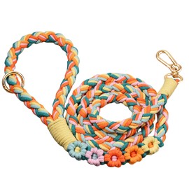 Handmade 5ft Braided Cotton Dog Leash with Unique Floral Handle, Durable and Stylish, Ideal for Small to Large Dogs,Rainbow Mix