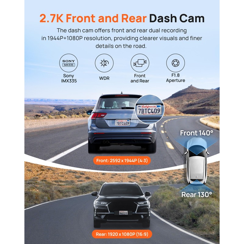 70mai 2.7K Dash Cam Front and Rear A500S, 1944P UHD