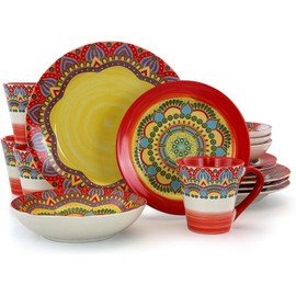 Elama Multicolored Round Stoneware Mandala Pattern Dinnerware Set, 16 Piece, Blue