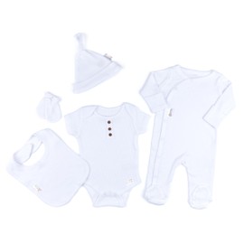 Soft Touch Newborn Essentials 100% Cotton Baby Ribbed Clothes for 0-3 Months 5 Pcs Set Long Sleeve Sleepsuit, Bodysuit, Newborn Hat, Mittens, and Bib for Boys and Girls