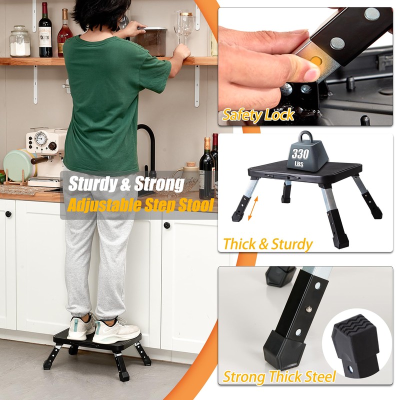 Folding Step Stool, Height Adjustable 1- Step 330lbs, Sturdy Portable