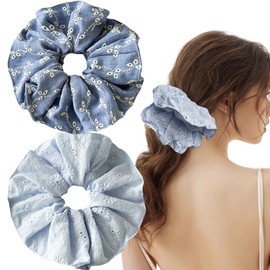 2 Piece Women's Large Floral Scrunchies for Oversized Lace Hair, Big Satin Silk Lace Hair Ties Elastic Hair Bands Ponytail Holders for Thin Thick Curly (Denim Blue Hollow Floral)