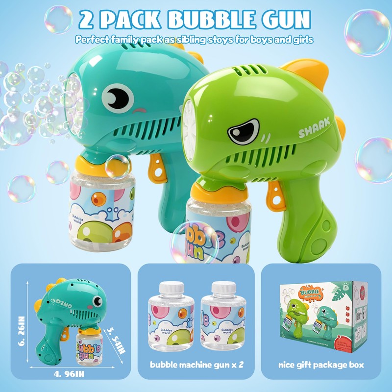 2 Pack Dinosaur Bubble Guns, Automatic Bubble Blower & 4