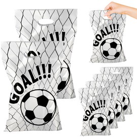 Glodecart 50PCS Soccer Gift Bags for Party Favors Supplies Gift Wrapping, Plastic White Soccer Party Favor Bags with Handles for Birthday Games Day Teens Sport Events Decoration Kraft Treat Candy Bag