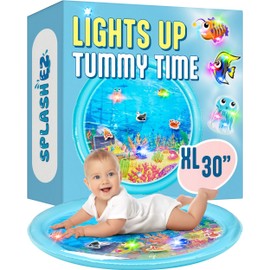 SplashEZ Lights Up Tummy Time Water Mat for Babies, 30" X-Large Baby Water Mat Tummy Time for Sensory Play with LED Glowing Fishes, Inflatable Fun Play Pad for Infants & Toddlers 3 to 36 mo