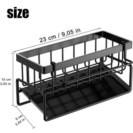 SZKKQKJ Sink Organiser with Drip Tray, Slim Kitchen Organiser, Stainless Steel Sink Organiser, Black, for Cloths, Brushes, Sponge and Soap
