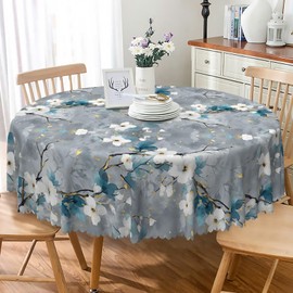 TTQYFNM Cherry Blossom Round Tablecloth 70 Inch Japanese Watercolor Blue White Flower Branch Table Cloth Asian Traditional Ink Painting Waterproof Fabric Table Cover for Kitchen Dining Room Home Decor