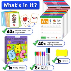 HOQEEWIPE Preschool Learning Activities Letter Number Handwriting Practice Book for Kids CVC Word Writing & Spelling Card, Kindergarten Educational Learning Toys Girl Boy Ages 3 4 5 6 Year Old