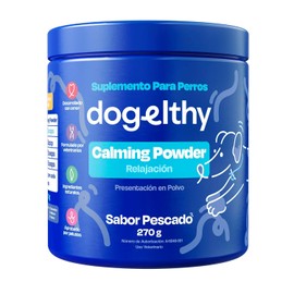 Dogelthy Calming Powder. Suplemento Relajante para Perros Natural Formulado con Passiflora, Valeriana, L-Teanina, Jengibre y más. Complemento para Croquetas o Dieta Barf Sabor Pescado 270g