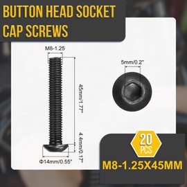 DTGN M8-1.25x45mm Button Head Socket Cap Screws - 20Pack - Good for Road Bicycle, Mountain Bike, Auto, Motorcycle - Carbon Steel Black Oxide - Hex Drive Fasteners