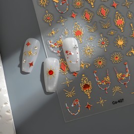 Gold Nail Stickers Gold Star Nail Stickers for Nail Art 5D Self-Adhesive Nail Decals Sun Nails Supplies with Rhinestones Design for Women DIY Manicure Nail Art Decorations