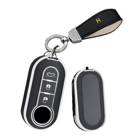 HIBEYO Key Fob Cover Compatible with Fiat Ducato 500 500L Panda Grande Punto Lancia Musa 3 Button Keys Car Accessories TPU Silver-Edge Smart Remote Auto Key Case with Bling Keychains-Black