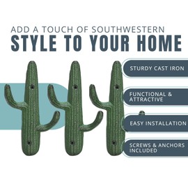 Comfify Set of 3 Hooks Cast Iron Cactus Double Wall Mounted Hooks/Hangers - Decorative Wall Mounted Hooks for Coats, Bags, Towels and More - w/Screws and Anchors Included - Rustic Green