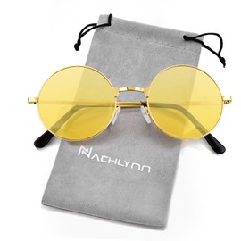 NACHLYNN Round Hippie Sunglasses Metal Border Circle Hippie Glasses UV380 Protection 70s Sunglasses for Men Women Party Favor (Yellow)