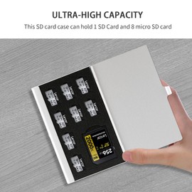 Aluminum SD Card Case, 9Slots Ultrathin SD Card Holder, Memory Card Storage Holder, Fit for 1 SD Card, 8 Micro SD Card, Silver
