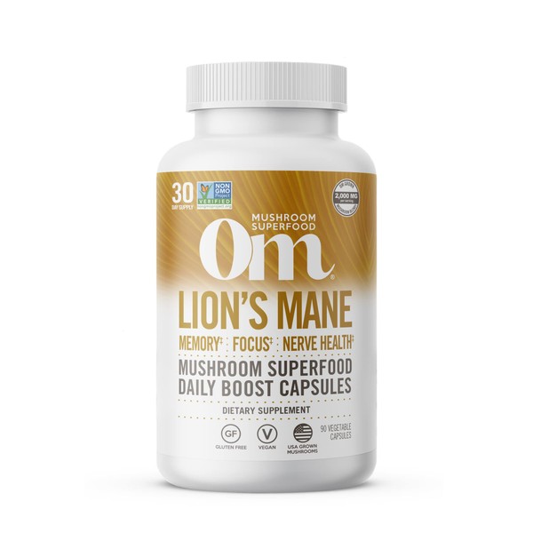 Om Mushroom Superfood Lion's Mane Mushroom Capsules Superfood Supplement, 90 Count, 30 Day Supply, Fruit Body and Mycelium Nootropic for Memory, Focus, Nerve Health and Immune Support