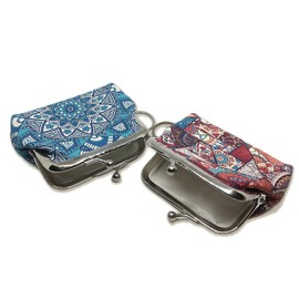 Small Buckle Coin Purse Vintage Pouch Kiss-lock Clasp Change Purse Keychain Wallet (2 Pack - Bohemian Blue & Coral Quilt)
