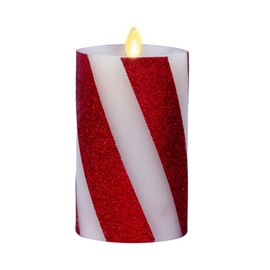 Luminara Candy Cane Flameless Moving Flame LED Candle (5.5-inch) Real Wax with Red Wide Glitter Stripe, Unscented, Timer, Remote Ready