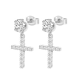 TRUMIUM Cross Earrings for Men Women 925 Sterling Silver Hypoallergenic Silver Stud Earrings White Cubic Zirconia Cz Dangle Earrings